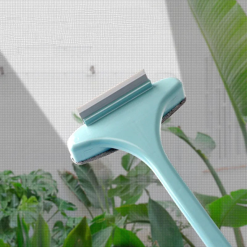 Blue window cleaning brush with double-sided sassafras fibres and gap brush attachment for screens and glass