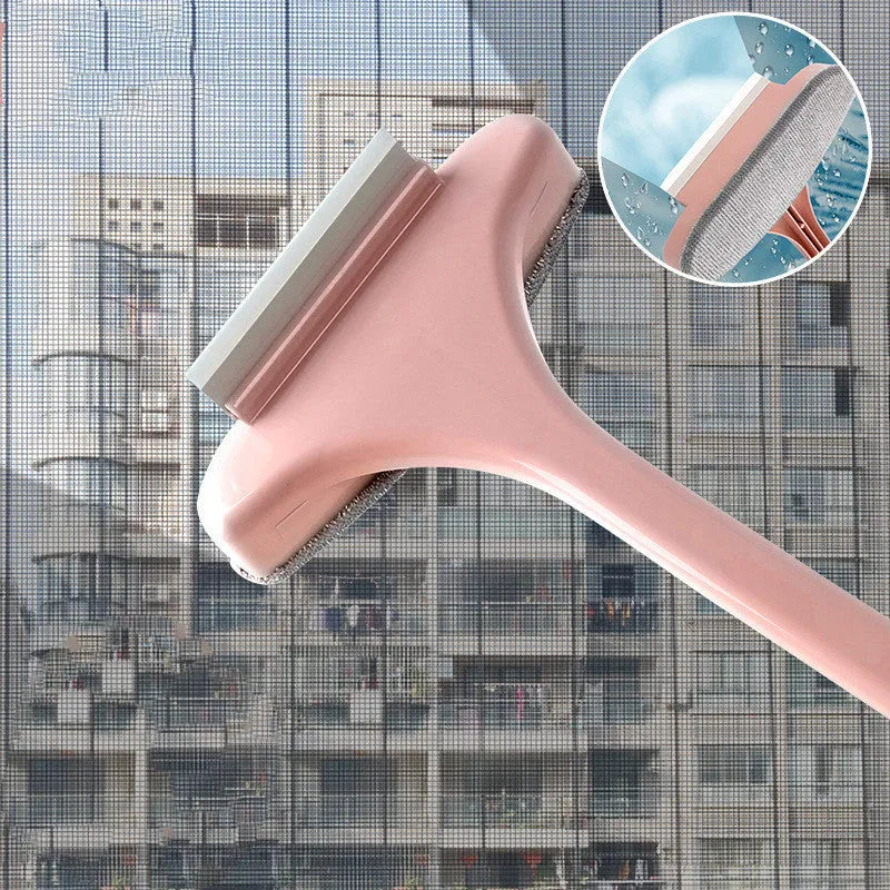 Blue window cleaning brush with double-sided sassafras fibres and gap brush attachment for screens and glass