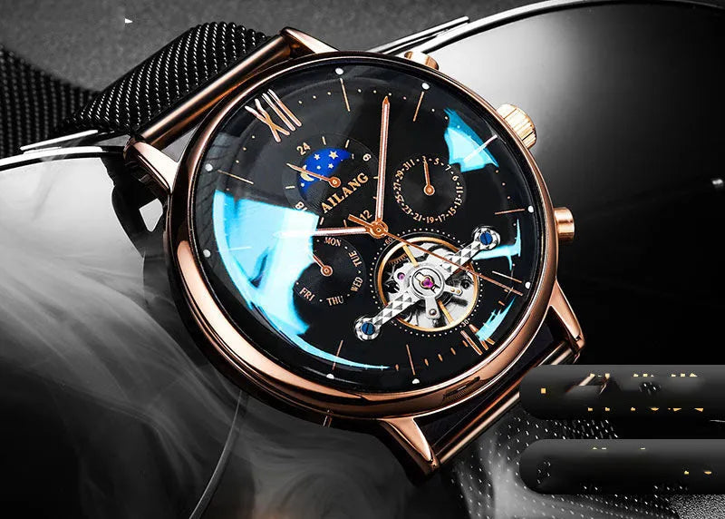 Ailang automatic mechanical watch for men, 41mm stainless steel case, Milan strap, blue face