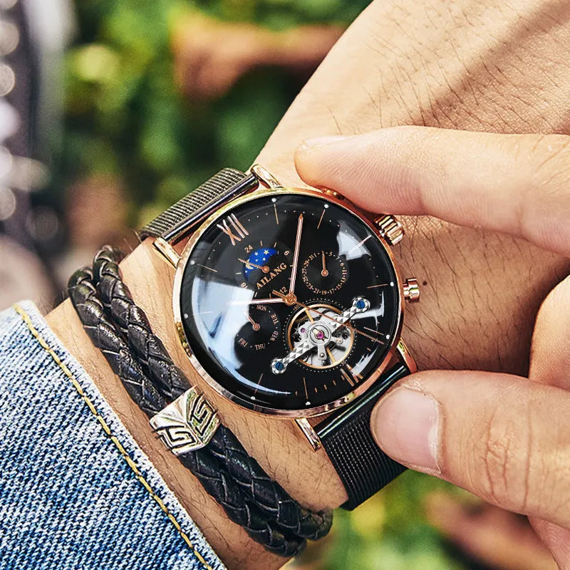Ailang automatic mechanical watch for men, 41mm stainless steel case, Milan strap, blue face