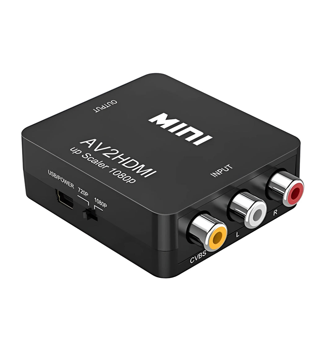 Mini black and white AV to HDMI video converter with cable for TV connectivity