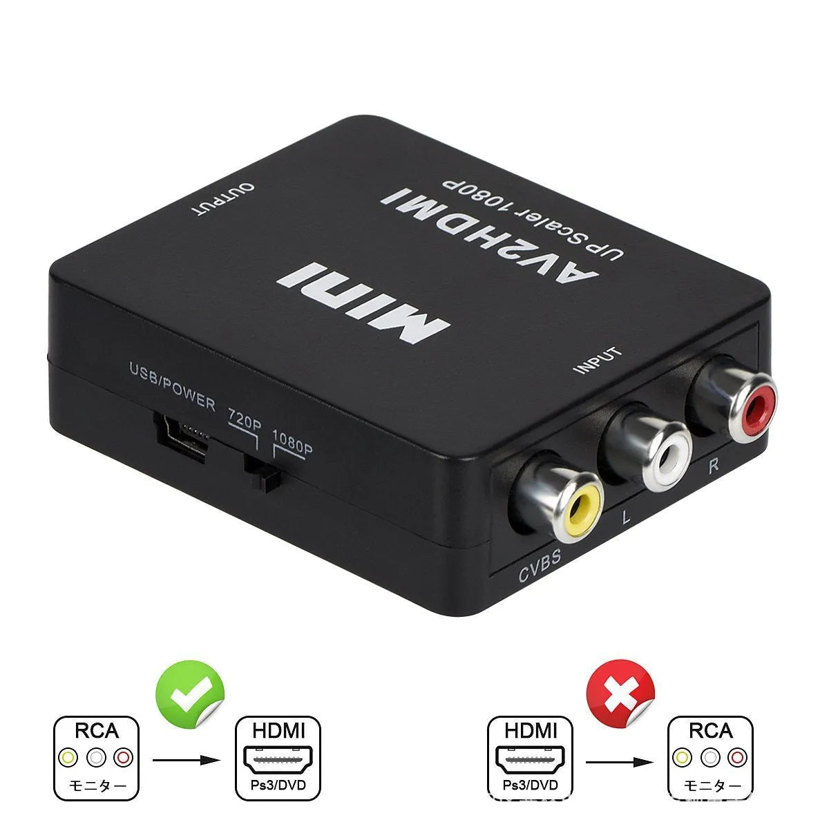 Mini black and white AV to HDMI video converter with cable for TV connectivity