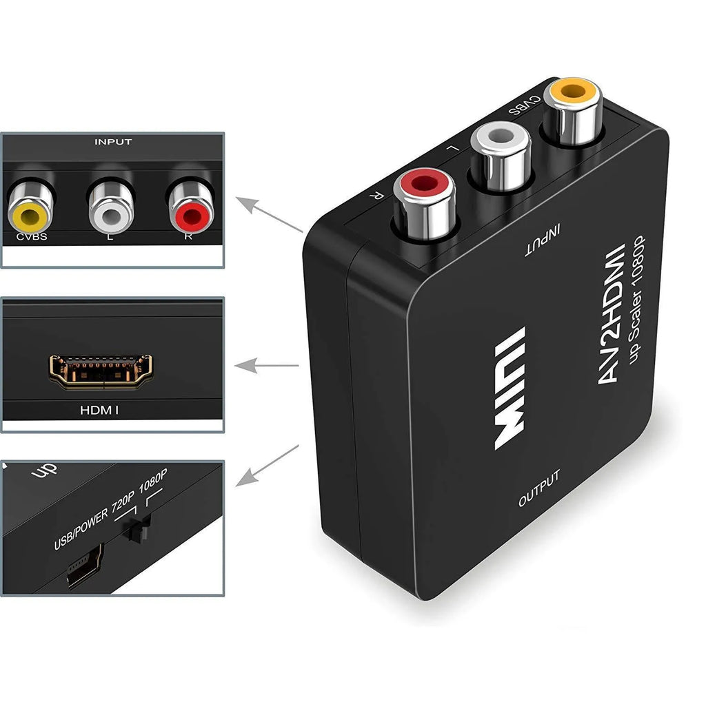 Mini black and white AV to HDMI video converter with cable for TV connectivity