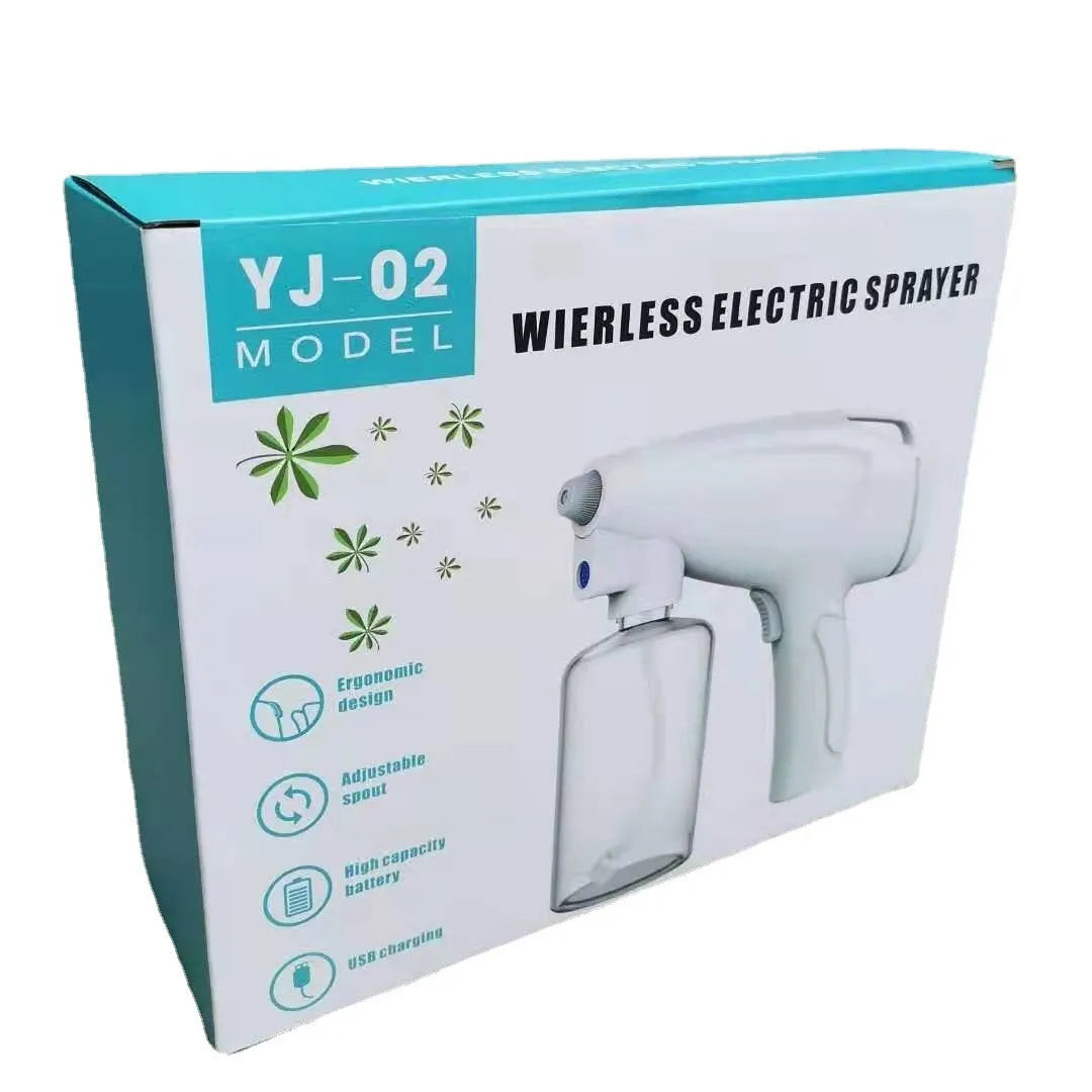 White cordless electric handheld spray disinfection gun with USB charging cable