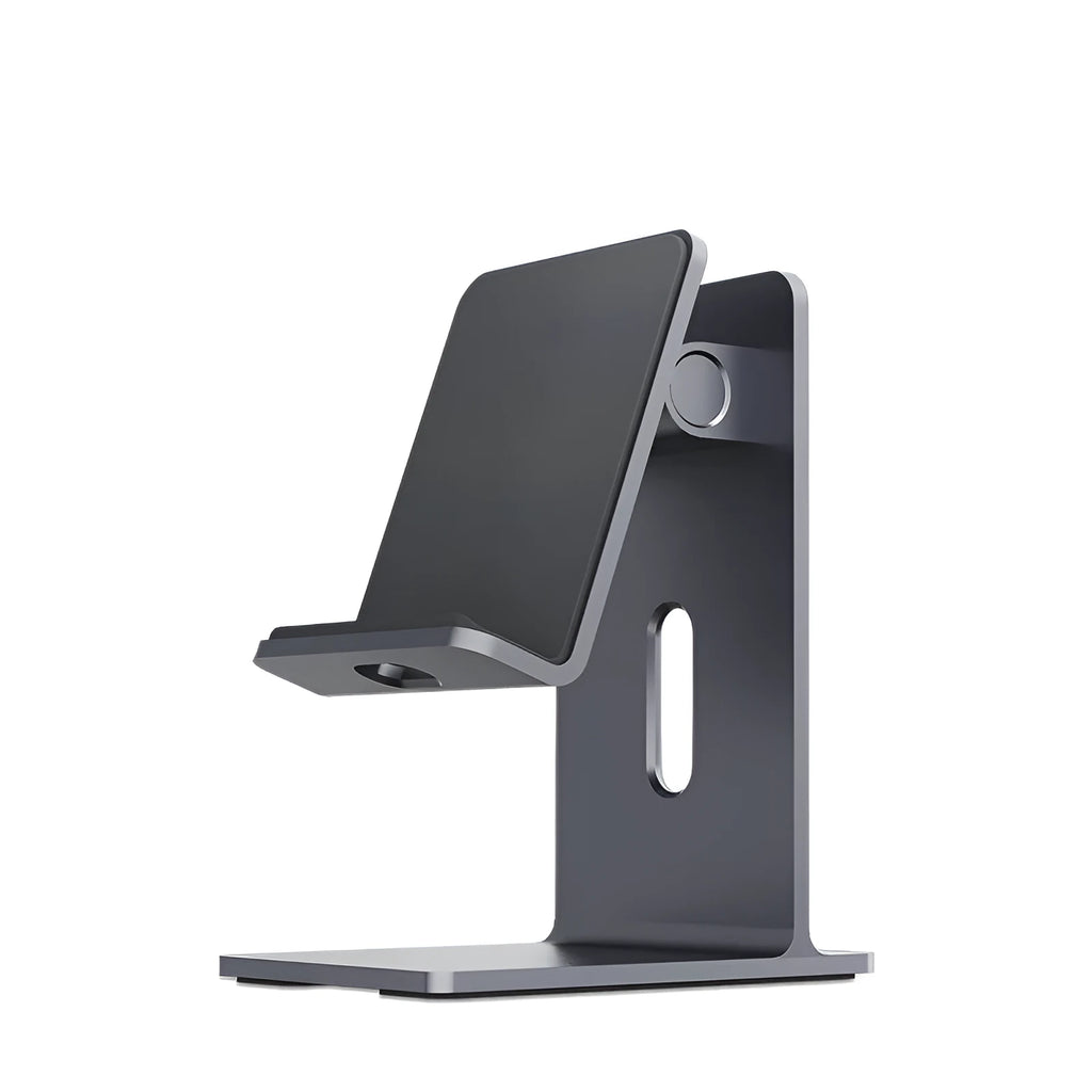 Alloy mobile phone holder for desktop use with universal smartphone and tablet compatibility