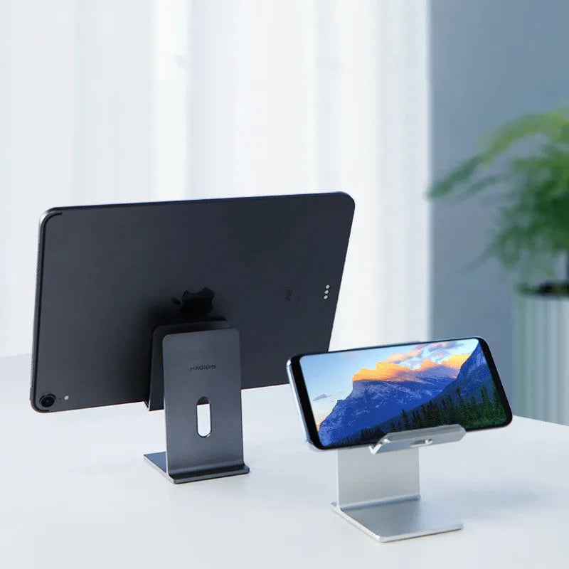 Alloy mobile phone holder for desktop use with universal smartphone and tablet compatibility