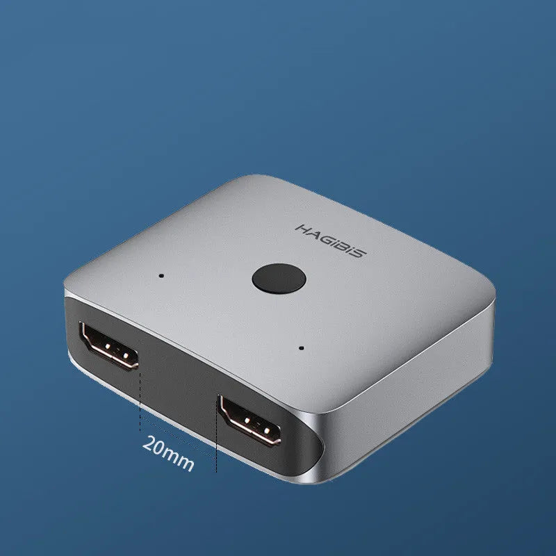 Grey Haibeisi 1 input 2 output HDMI splitter switcher unit for 4K video on computer TV monitor.