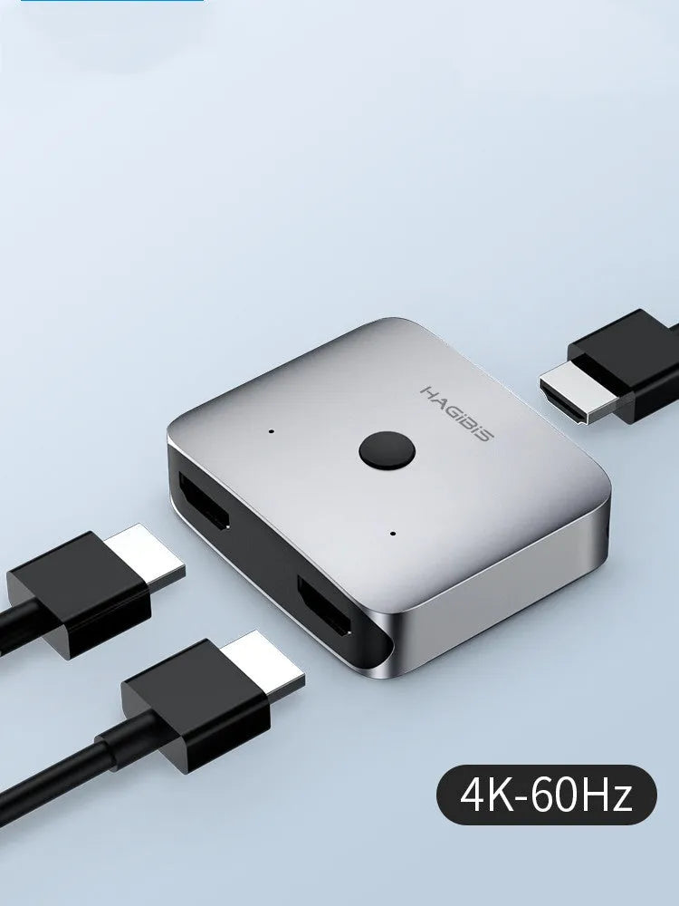 Grey Haibeisi 1 input 2 output HDMI splitter switcher unit for 4K video on computer TV monitor.