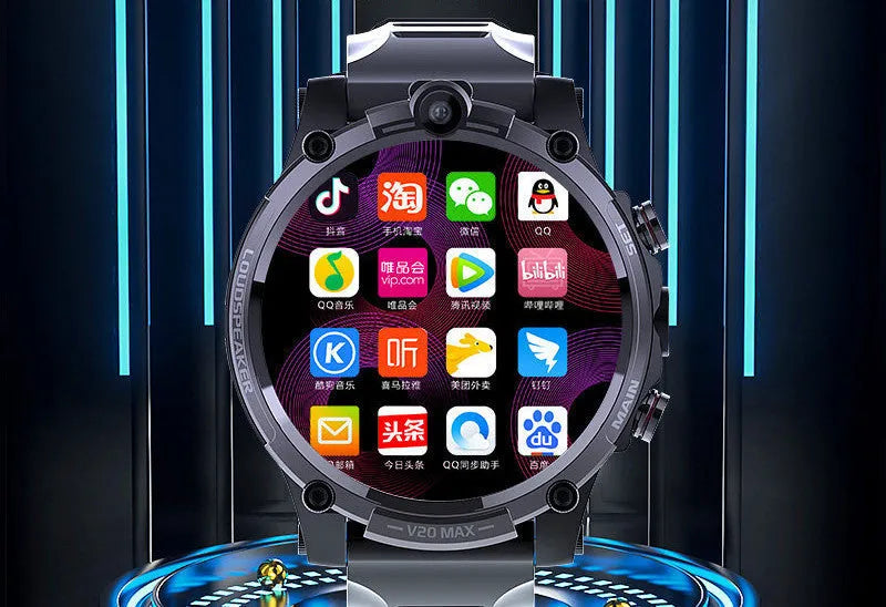 Black smart phone watch with 1.6-inch screen, wrist strap, dual camera, and heart rate monitor.