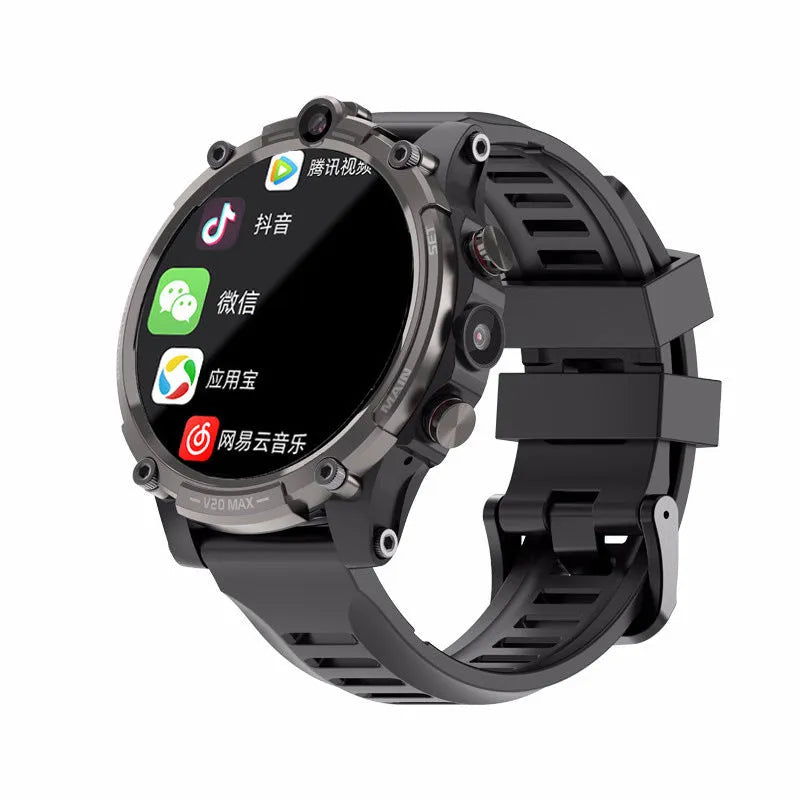 Black smart phone watch with 1.6-inch screen, wrist strap, dual camera, and heart rate monitor.