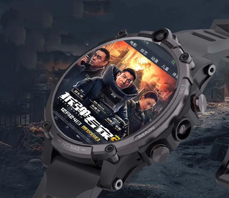Black smart phone watch with 1.6-inch screen, wrist strap, dual camera, and heart rate monitor.