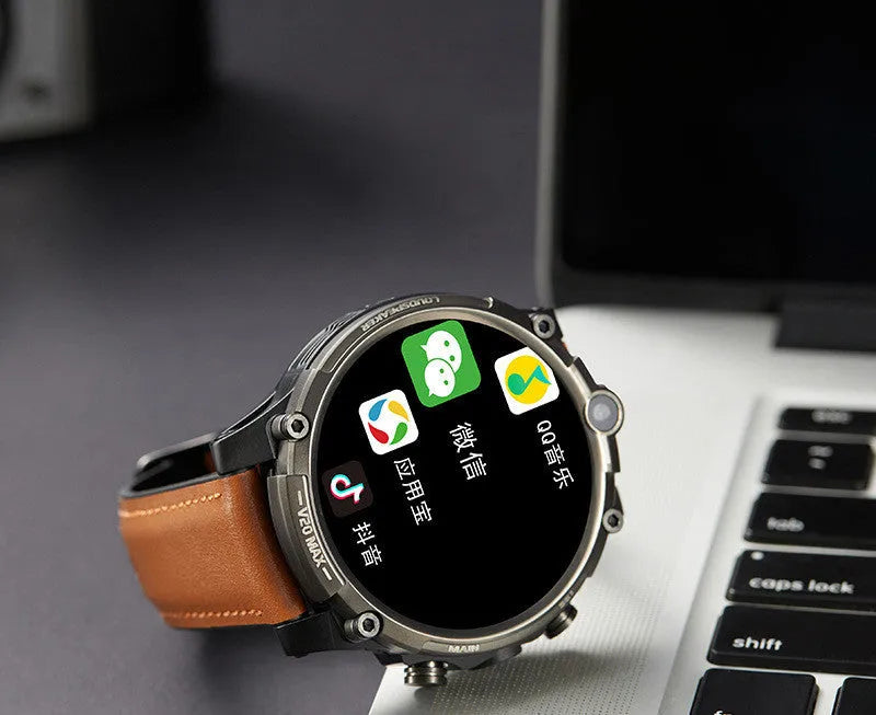 Black smart phone watch with 1.6-inch screen, wrist strap, dual camera, and heart rate monitor.