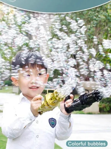 Kids plastic bubble gun toy machine in pink gold or black with 2-in-1 fan function and battery power