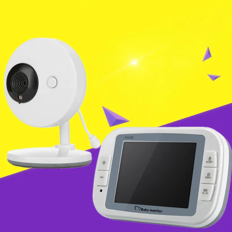 White UFO-shaped wireless baby monitor and camera on a nursery shelf.