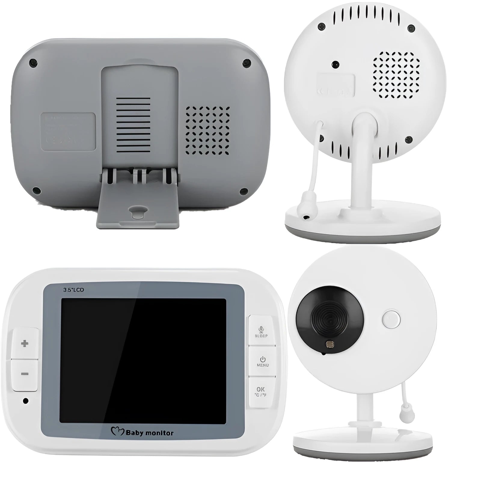 White UFO-shaped wireless baby monitor and camera on a nursery shelf.