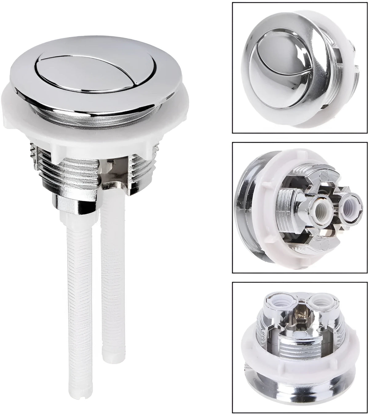 A white ABS plastic double flush push button for a 38mm round toilet cistern.