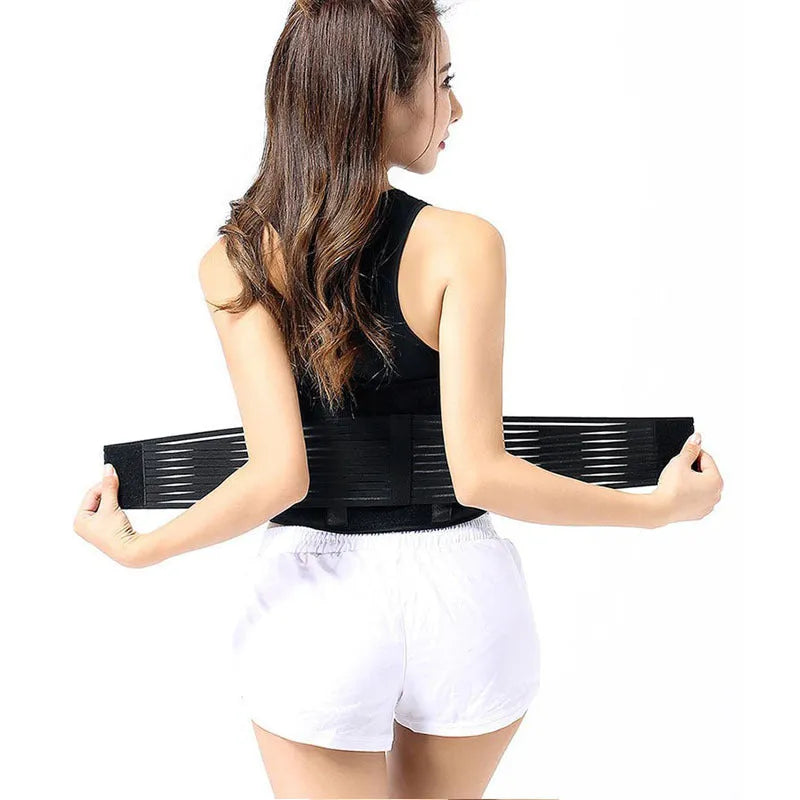 Self-heating waist protection belt with elastic cloth material in black colour showing adjustable fit design