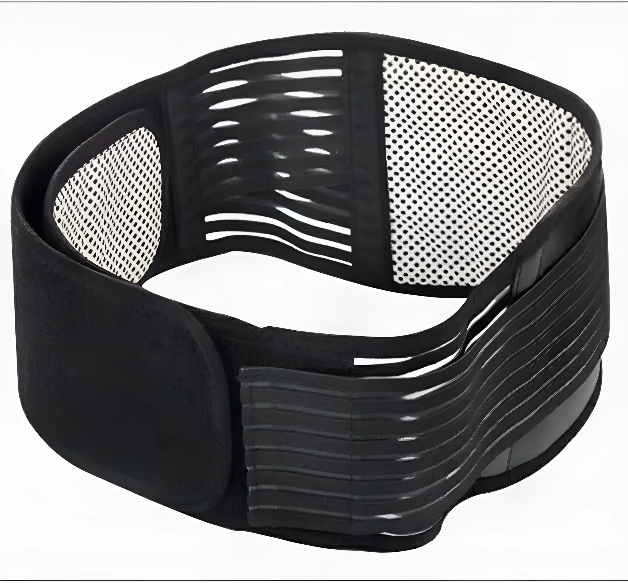 Self-heating waist protection belt with elastic cloth material in black colour showing adjustable fit design
