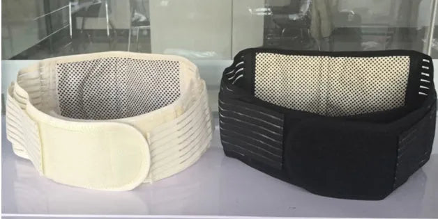 Self-heating waist protection belt with elastic cloth material in black colour showing adjustable fit design
