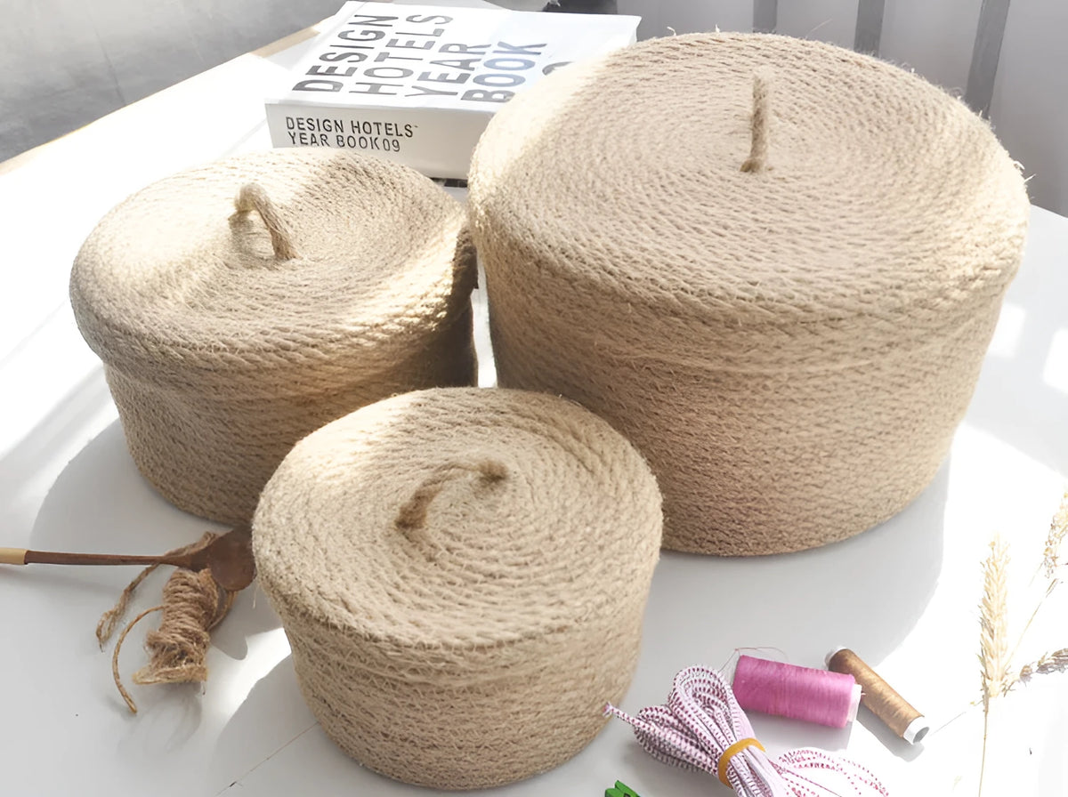 Japanese style linen fabric storage basket with dustproof cover in three sizes for bedroom organisation