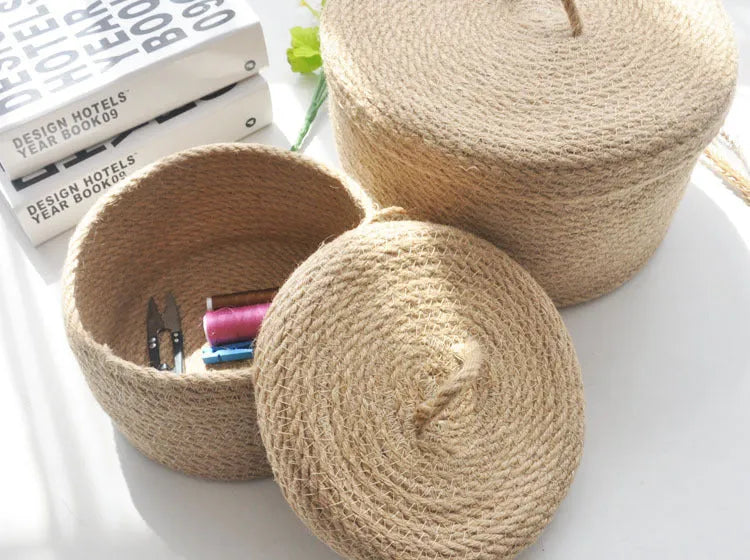 Japanese style linen fabric storage basket with dustproof cover in three sizes for bedroom organisation