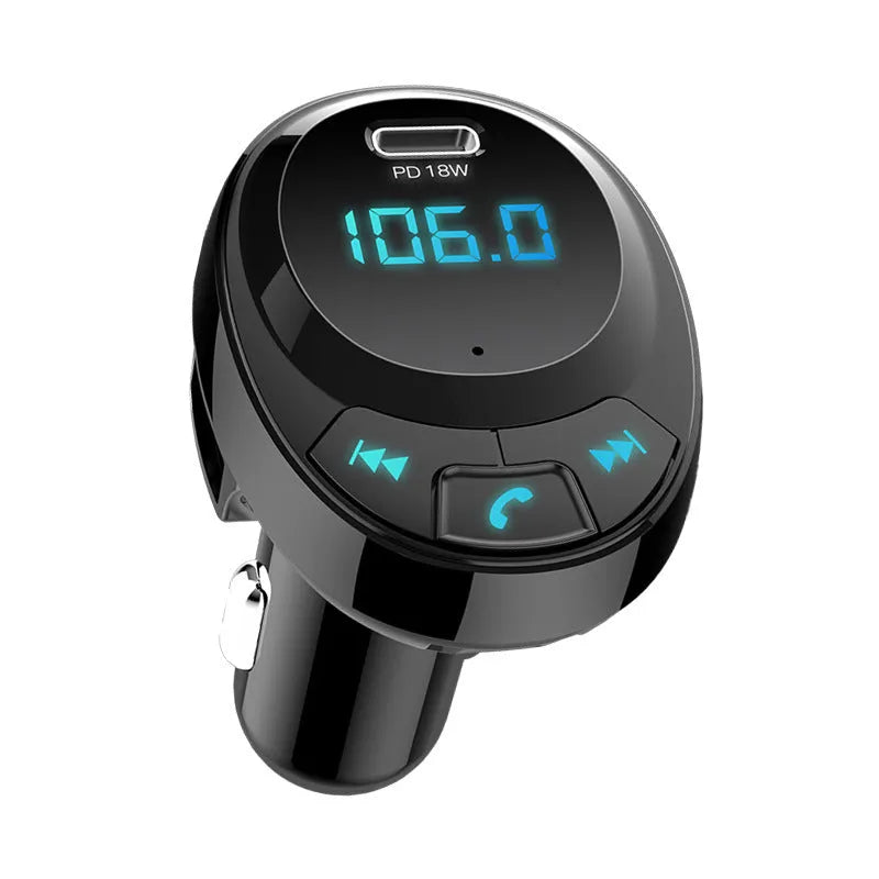 Black car Bluetooth MP3 transmitter with digital display and dual USB ports for cigarette lighter socket