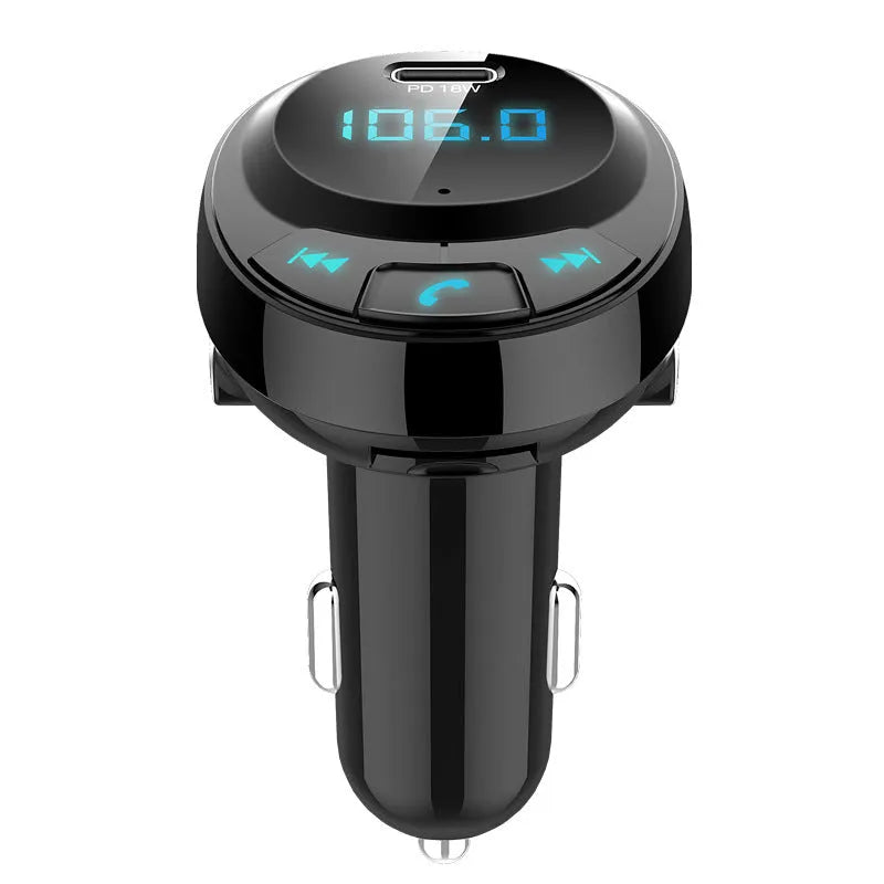 Black car Bluetooth MP3 transmitter with digital display and dual USB ports for cigarette lighter socket
