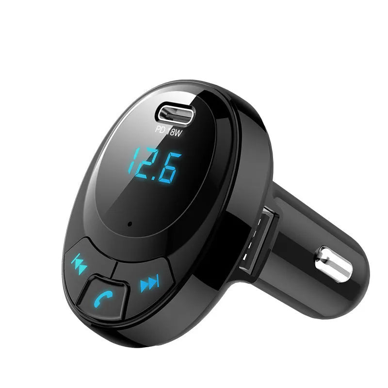 Black car Bluetooth MP3 transmitter with digital display and dual USB ports for cigarette lighter socket
