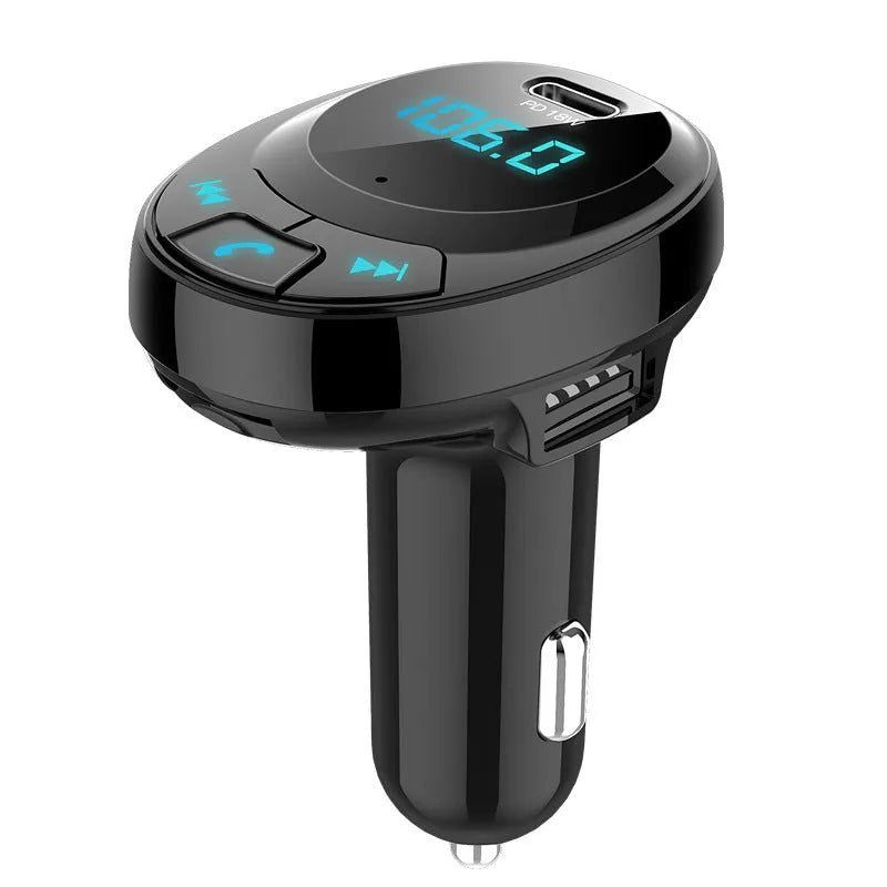 Black car Bluetooth MP3 transmitter with digital display and dual USB ports for cigarette lighter socket