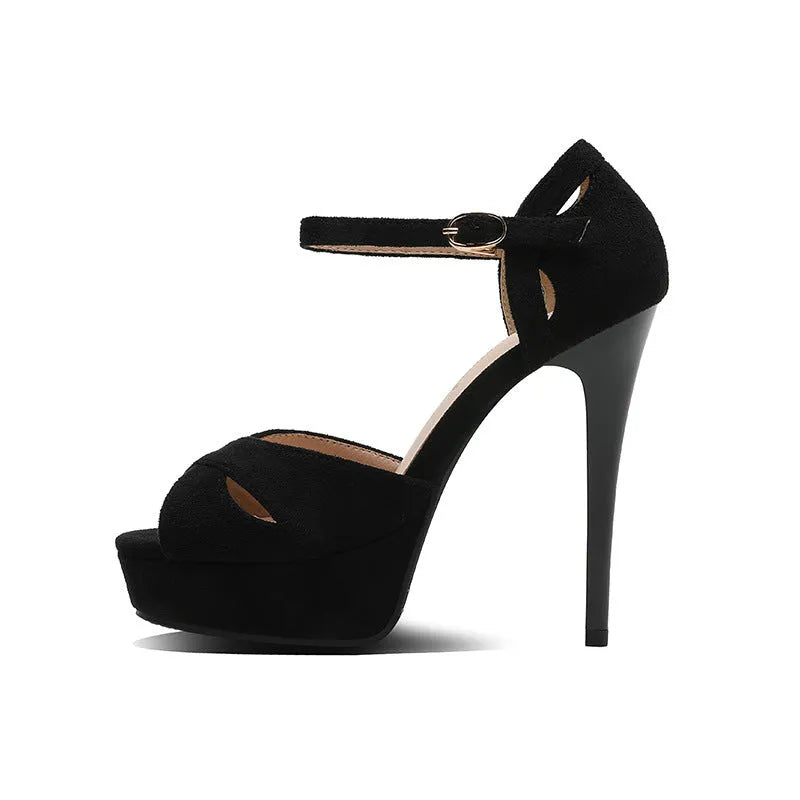 Black suede women's stiletto sandals with fish mouth toe and a waterproof platform heel.