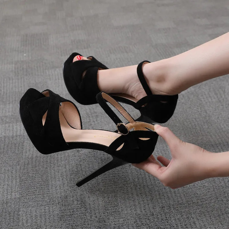 Black suede women's stiletto sandals with fish mouth toe and a waterproof platform heel.
