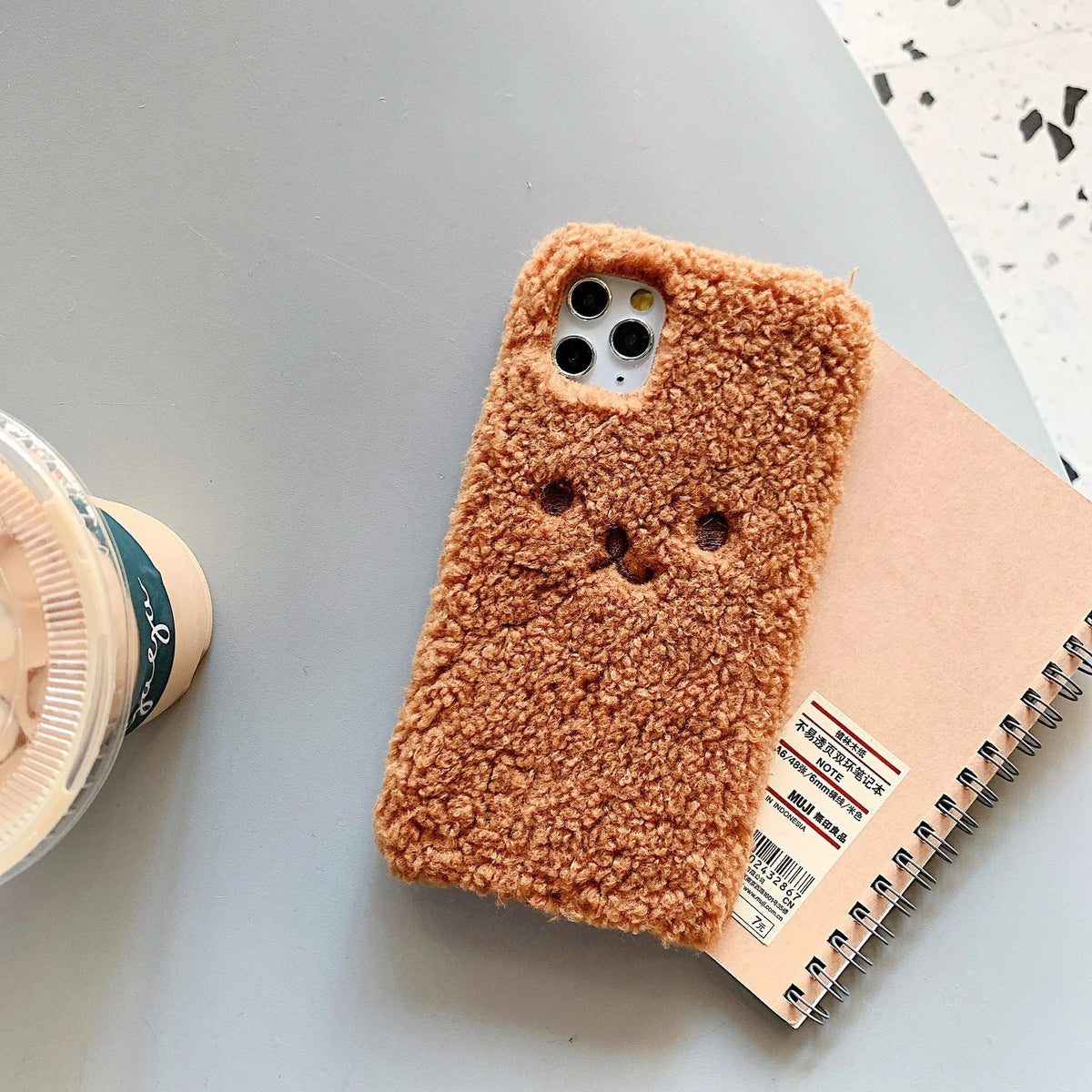 Embroidery plush cartoon bear iPhone case in brown and white colours with soft TPU material