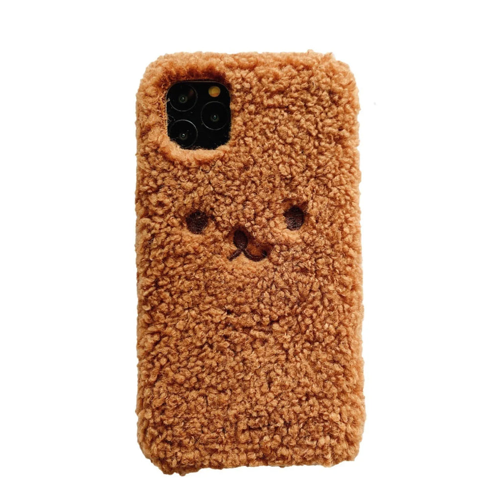 Embroidery plush cartoon bear iPhone case in brown and white colours with soft TPU material