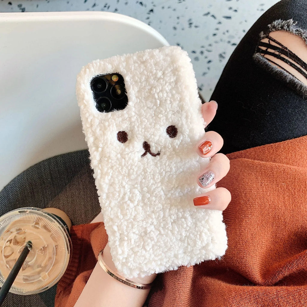 Embroidery plush cartoon bear iPhone case in brown and white colours with soft TPU material