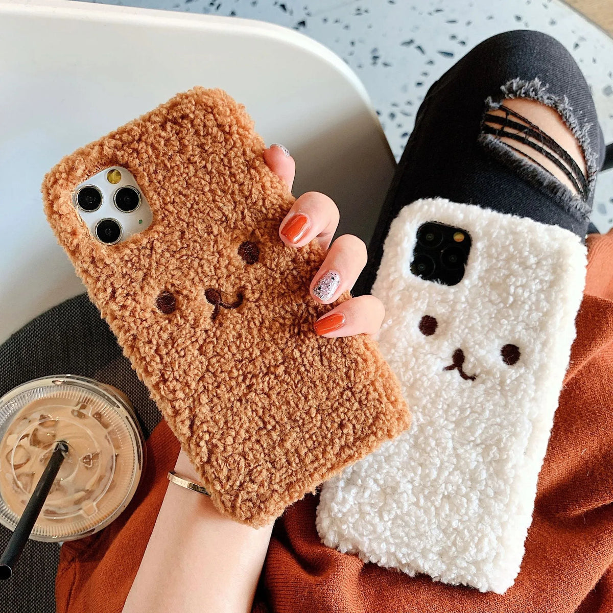 Embroidery plush cartoon bear iPhone case in brown and white colours with soft TPU material