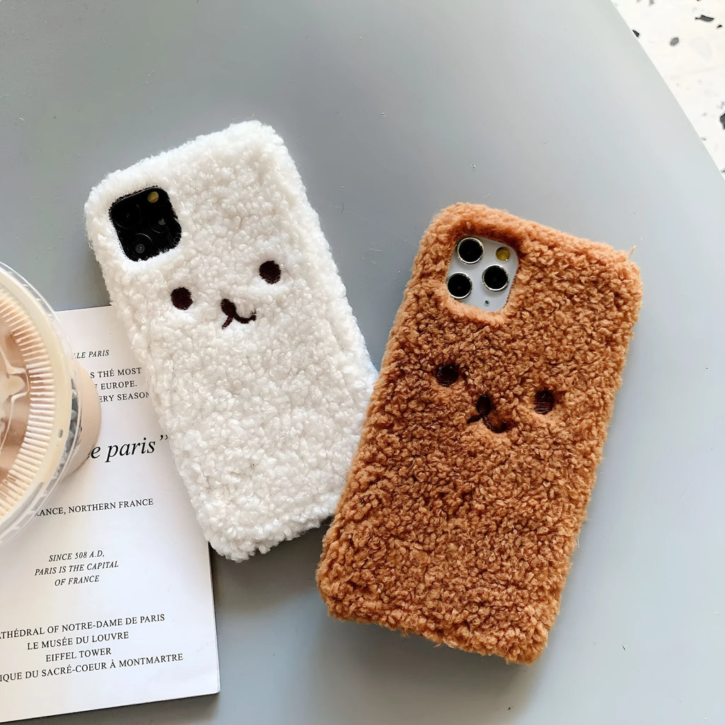 Embroidery plush cartoon bear iPhone case in brown and white colours with soft TPU material