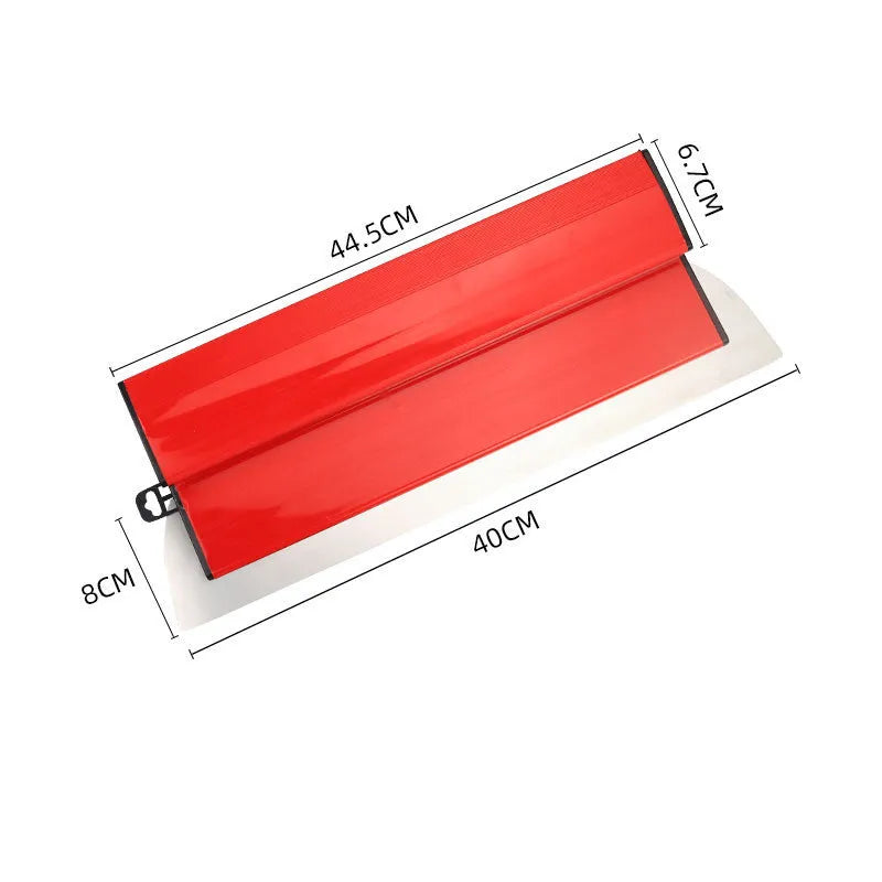 Red leveling scraper with 40cm stainless steel blade for putty scraping and wallpaper pasting