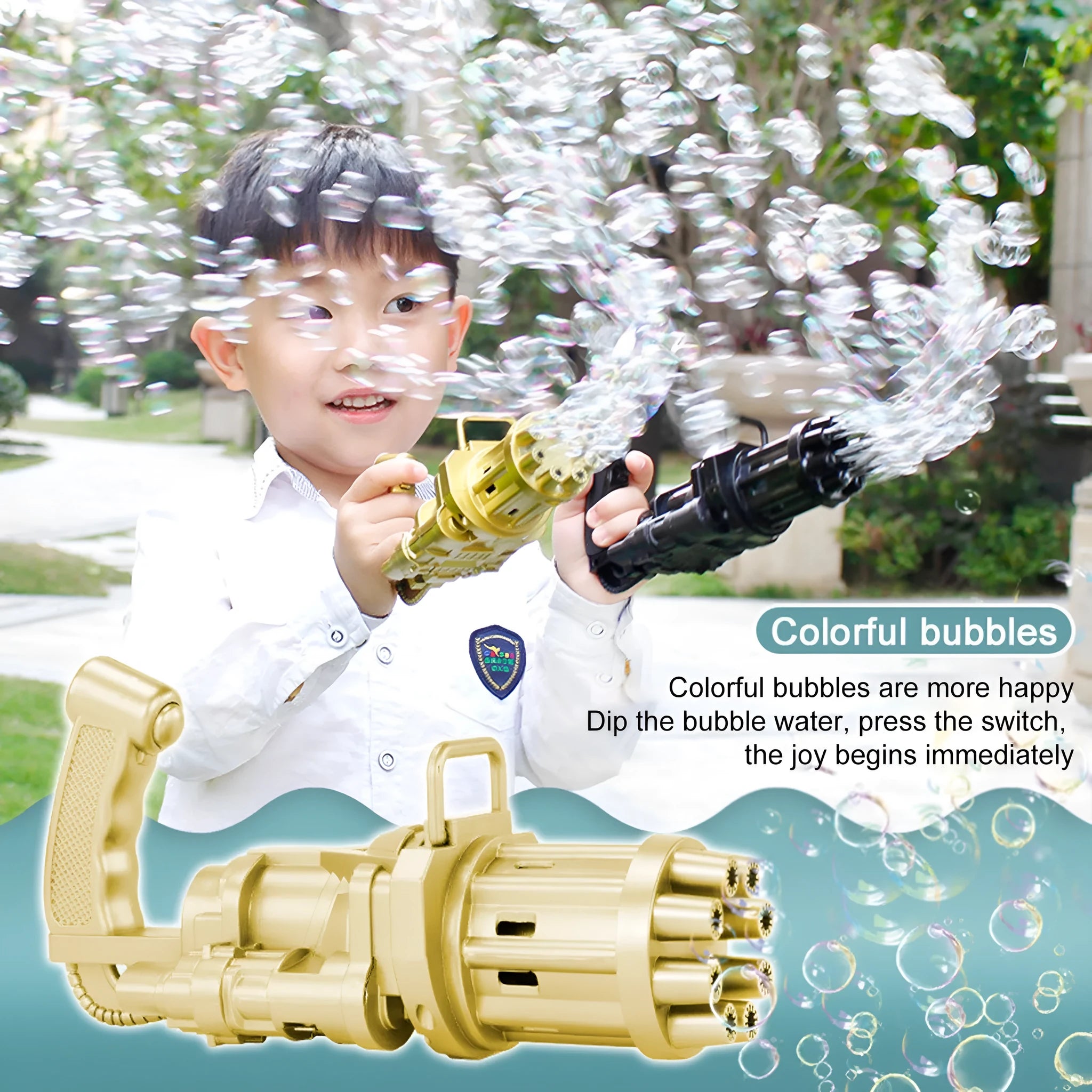 Kids plastic bubble gun toy machine in pink gold or black with 2-in-1 fan function and battery power