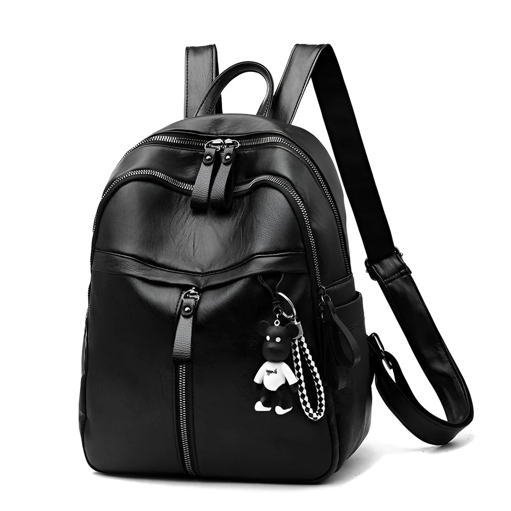 Black medium-sized PU leather backpack with double straps, shown with a 24cm dimension.