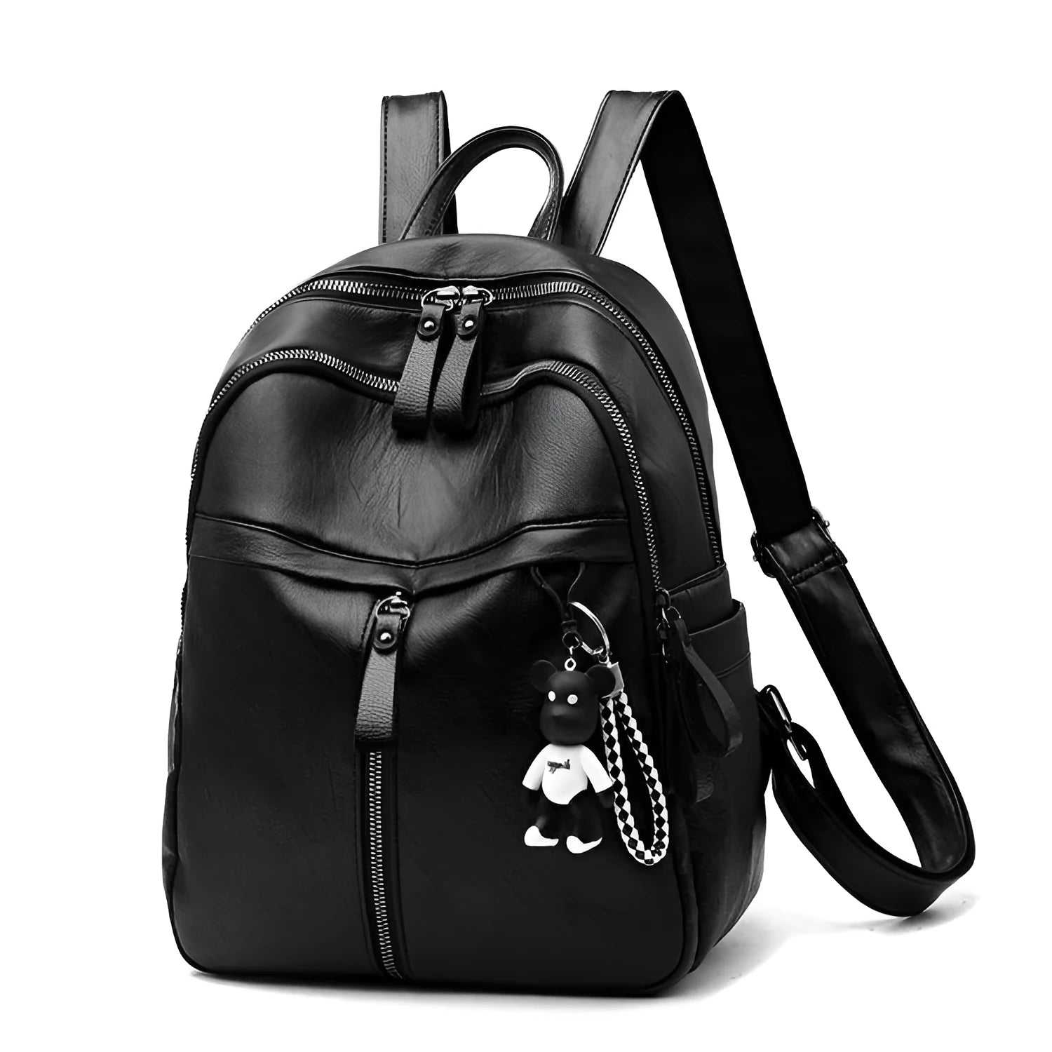 Black medium-sized PU leather backpack with double straps, shown with a 24cm dimension.