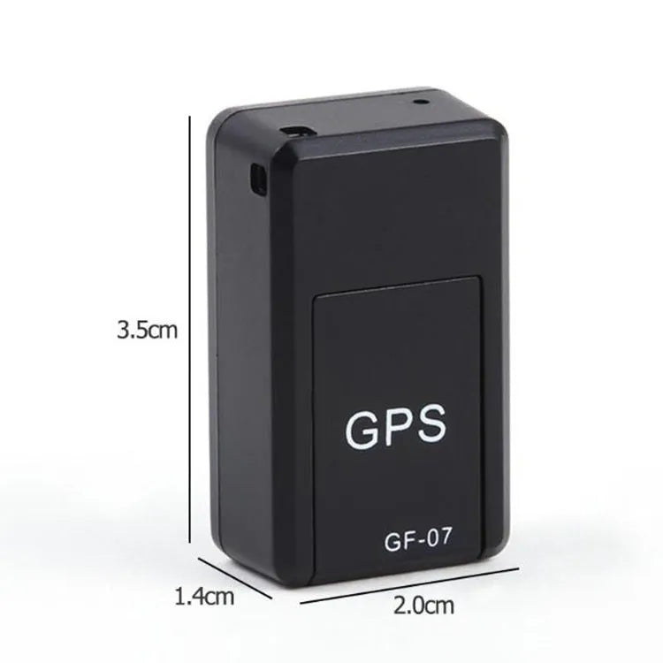 Black magnetic GPS tracker device measuring 35x20x14mm with USB charging cable for vehicle and personal tracking