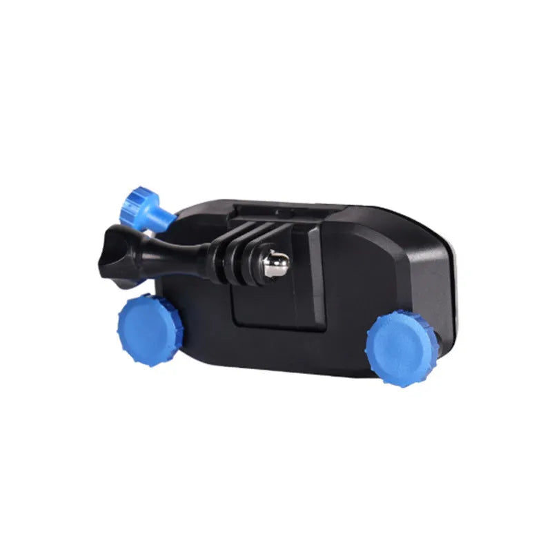 Plastic sports camera backpack clip in red or blue with shoulder strap attachment