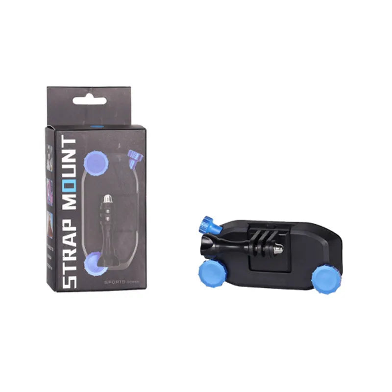 Plastic sports camera backpack clip in red or blue with shoulder strap attachment