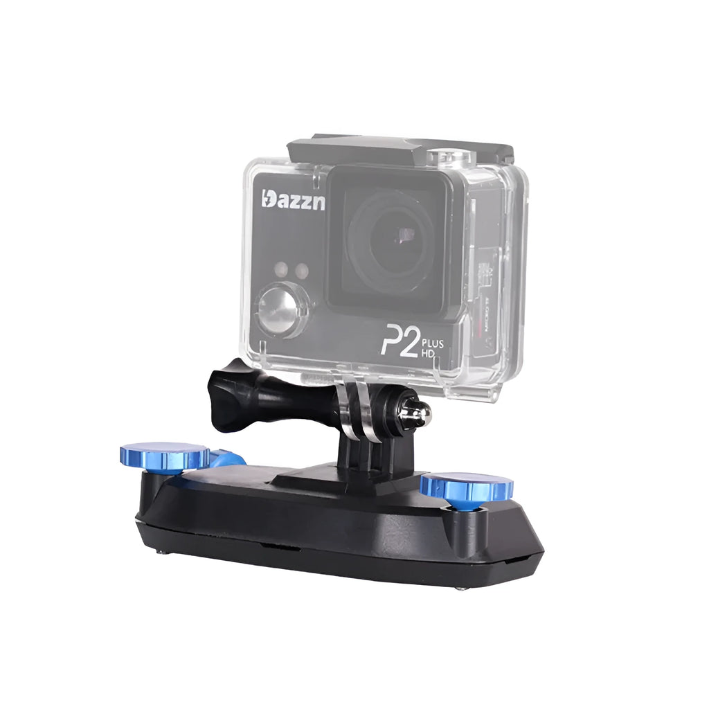 Plastic sports camera backpack clip in red or blue with shoulder strap attachment