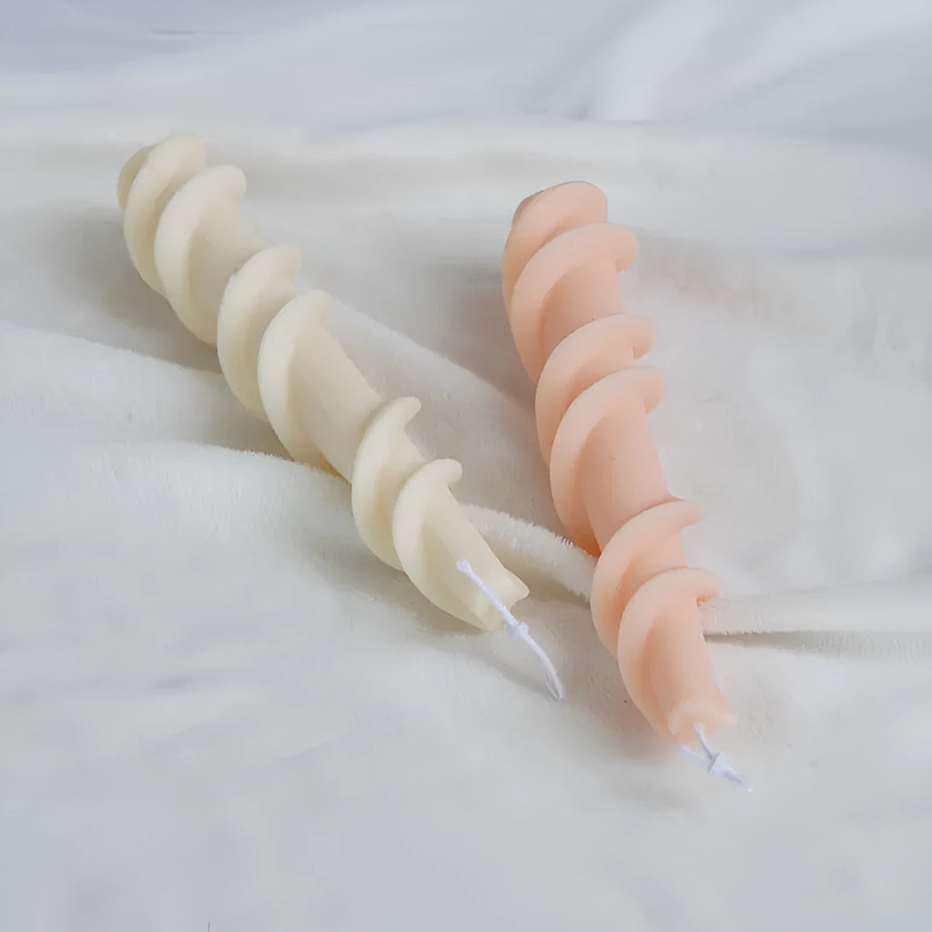 Screw wax silicone mould for rotating lace candles in photograph colour showing spiral pattern design