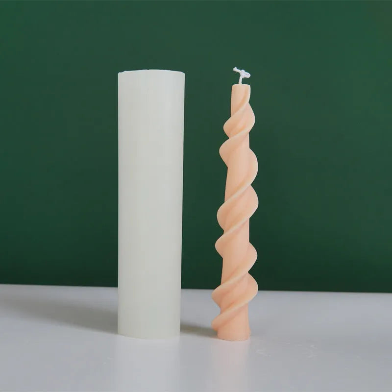 Screw wax silicone mould for rotating lace candles in photograph colour showing spiral pattern design