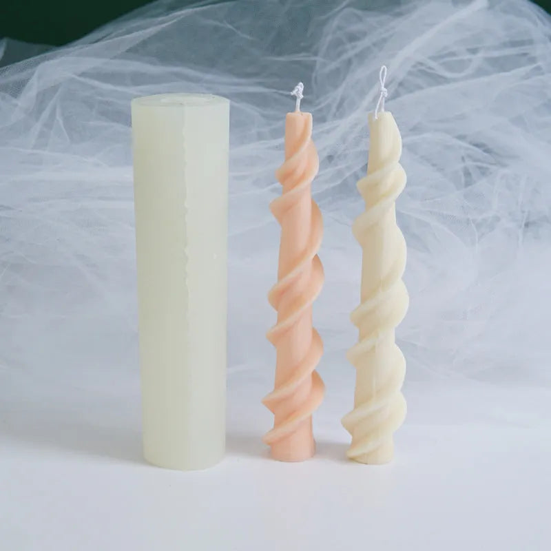 Screw wax silicone mould for rotating lace candles in photograph colour showing spiral pattern design