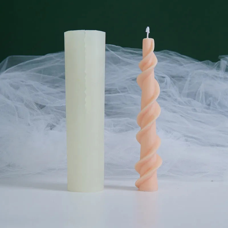 Screw wax silicone mould for rotating lace candles in photograph colour showing spiral pattern design