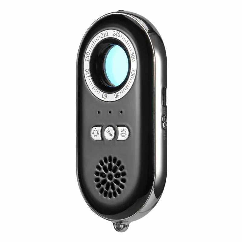 Compact black wireless signal detector with dimensions 85mm by 40mm for travel security and anti-theft monitoring.
