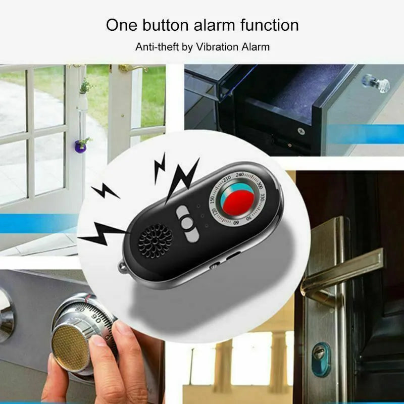 Compact black wireless signal detector with dimensions 85mm by 40mm for travel security and anti-theft monitoring.